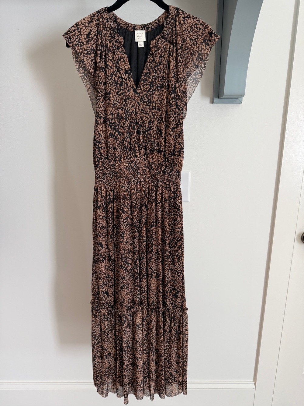 Smocked Waist Black and Tan Floral Maxi Dress